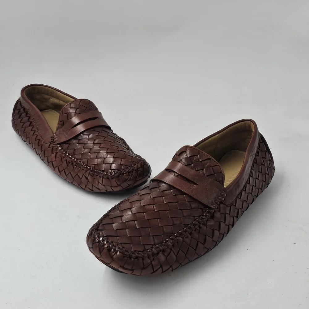 Robert Zur San Tropez Woven Leather Penny Loafers Cognac Mens Size 8 Driver